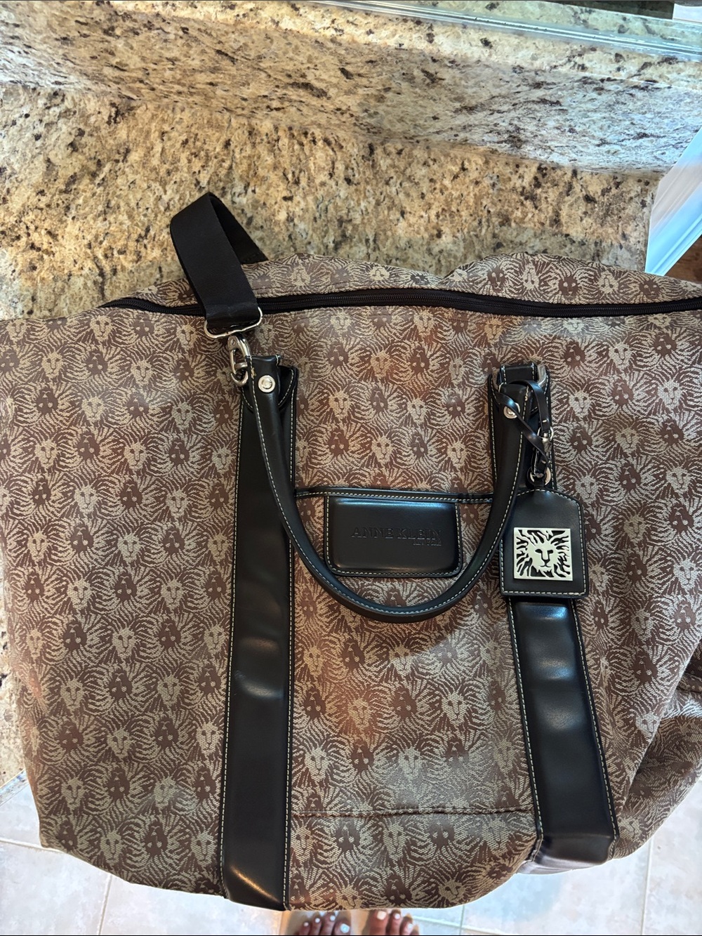 Anne Klein Brown Patterned Travel Bag with Black Trim
